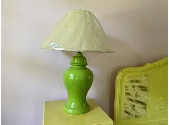 Large Lime Green Ceramic Lamp With Burlap Shade