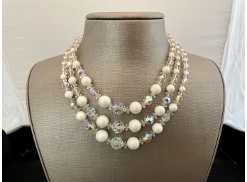 Vintage Triple Strand Iridescent & White Bead Collar Necklace