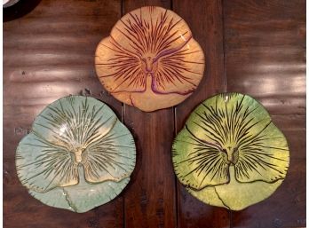 Trio Of Hand Painted Pansy Flower Form Glass Plates