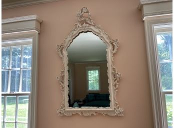 Lovely Vintage Wall Mirror With White Painted Floral Carved Wood Frame