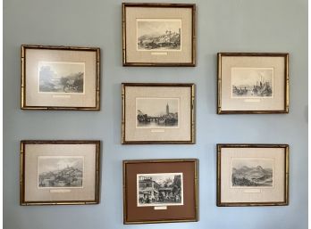 Seven Prints Depicting Sites In China With Bamboo Stylized Frames