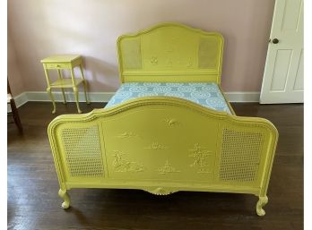 1970s Sligh Furniture Caned Chinoiserie Yellow Lacquer Painted Double Bed