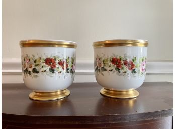Pair Of Antique Hand Painted Floral & Gilt Cachepots