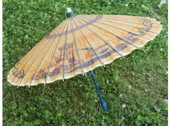 Vintage Oriental Decorative Parasol With Wood Slats  And Spokes - Painted On Cloth (perhaps Silk)