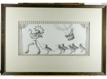 Original Pen & Ink Drawing, SIGNED, Framed And Matted.  Whimsical Man With Goose And Goslings & Cat