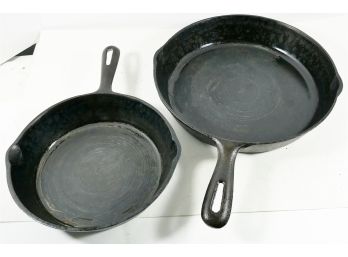 2 Cast Iron Skillets - 10 1/2' And 8', With Pour Spouts On Each  - Good Condition.