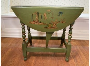 Green Hand Painted Drop Leaf Table With Asian Motif