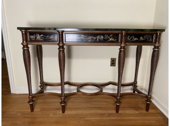 Vintage Mahogany Console Table Hand Painted With Green Faux Marble Top And Japanese Motif