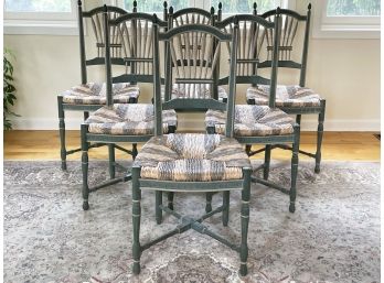 A Set Of 6 Vintage Custom Painted Wheat Back Side Chairs With Rush Seats