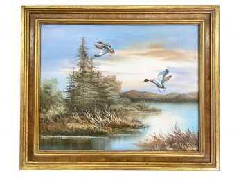 A Vintage Oil On Canvas, Signed, Waterfowl Scene