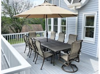 A Cast Aluminum Dining Table And Chair W/ Sunbrella Umbrella By Outdoor Classics