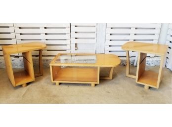 Mid Century Modern By Bar-Tal Blonde Glass Top Coffee Table & Matching End Tables