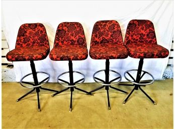 Four Fantastic Vintage Mid Century Modern Counter Height Vinyl Swivel Red & Black Bar Stools By Comfort Lines