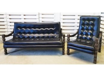 Classic Vintage Mid Century Modern Black Faux Leather & Wood Sofa & Matching Chair