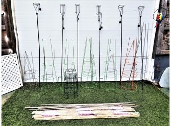 Twelve Tomato And Plant Support Cages With Thirty Bamboo Support Stakes &  Six Metal Tiki Torch Holders