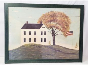 Framed Warren Kimble House With Flag Primitive Wall Art Print