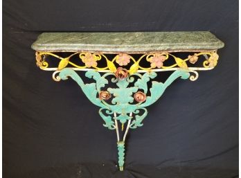 Antique French Wrought Iron Acanthus Leaf Wall Mount Console Table Ancient Green Marble