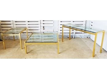 Set Of Three Mid Century Gold Tone Glass Top Tables