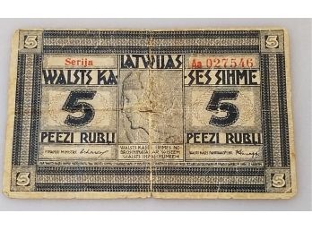 1919 Latvia 5 Rubli Banknote
