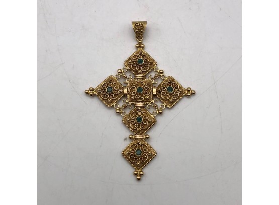Antique 18k Ornate Gold Cross Pendant With Inlaid Stones, 15.5g
