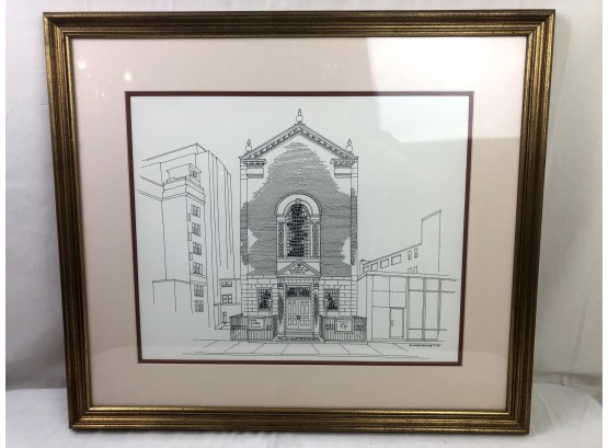 Richard Welling Original 1985 Framed Ink Drawing - Ados Israel Synagogue, Pearl St, Hartford CT