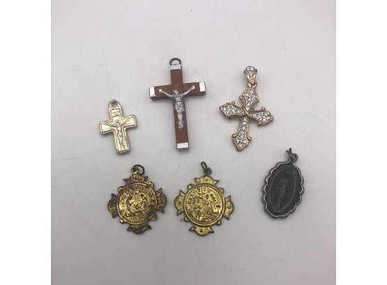 Vintage Cross And Religious Iconographic Pendants, 6 Pieces