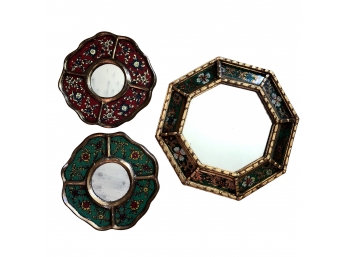 Antique Unique Gilded Mirrors W/ Glass Inlay, Set Of 3