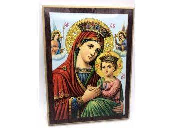 Vintage Greek Orthodox Enameled Wood Icon Madonna And Child