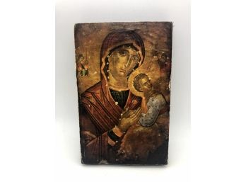 Antique Decoupage Religious Icon Madonna And Child, Byzantine / Early Christian Art