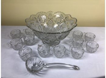 Vintage Pressed Glass Punch Bowl With Cups And Ladle, 14 Pieces