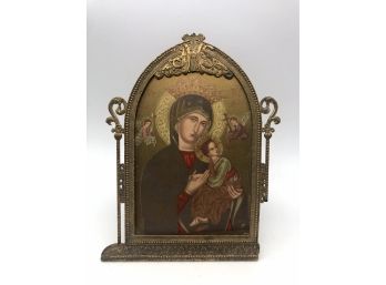 Vintage Metal Framed Icon, Madonna And Child In Byzantine / Early Christian Art