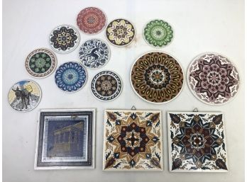 Vintage Decorative Greek Tiles, And Cup Coasters, 14 Pieces