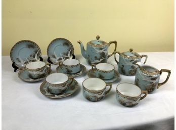 RARE Vintage Nippon Japanese Flying Swan / Geese Gold Moriage Hand Painted Tea Set, 11 Pieces