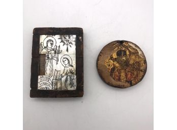 Antique Greek Orthodox Wood Icons, Set Of 2
