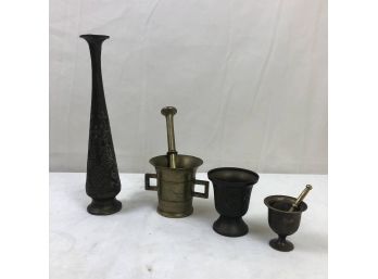 Vintage Decorative Brass Cups And Vase, 4 Pieces
