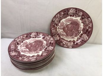 Vintage Enoch 1784 Ralph 1750 Woods Burslem England Pink Turkey Plates, 12 Pieces