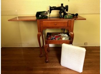 1950s Electric Built In Sewing Machine Table With Storage Stool And Accessories
