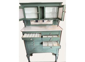 ANTIQUE PAINTED DENTAL CABINET (OR USE AS JEWELRY CABINET) WITH ORIGINAL GLASS INSERTS AND BACK MIRROR