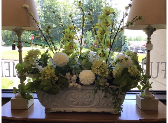 Large Green And White Floral Arrangement In Cement Planter - Very Heavy!