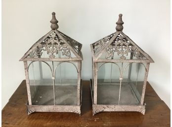 Pair Of Metal And Glass Lanterns, Weathered Finish, 17H