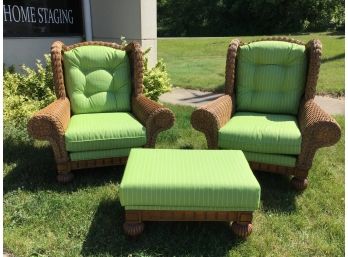 Pair Of Large  Natural Wicker Chairs And Ottoman With Wooden Bases And Citrus Green Upholstery - Beautiful!