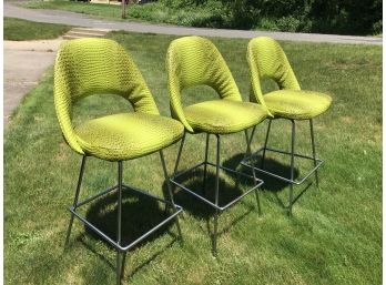 Cool Vintage Barstools With New Bright Green Reptile Vinyl Upholstery, Chrome Legs And Rivet Detail, Set Of 3
