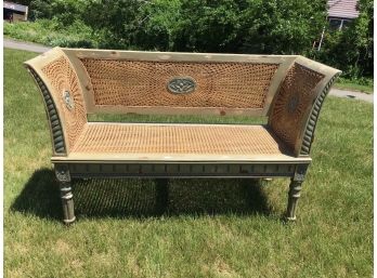 Furniture Classics Distressed Bench, Green/grey With Natural Wicker