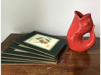 Gurgling Red Fish Pitcher, Set Of 4 Hardback Cork Placements