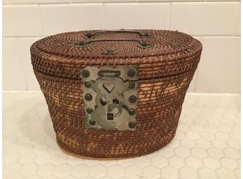 Antique Chinese Tea Set In Wicker Basket