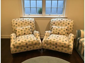 Pair Of Large Green And Blue Polka Dotted Club Chairs,  Turned Front Feet With Castors
