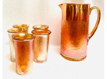 Vintage Mid-Century Modern Jeanette Glass Marigold Lustre Tree Bark Beverage Set