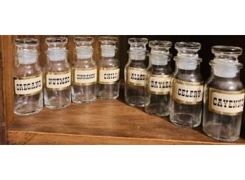 Set Of Eight Vintage Glass Apothecary Style Spice Bottles