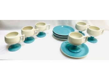 Vintage Set Of Ceramic Expresso Cups With Retro Blue Pedestal Base By Caribe