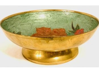 Vintage Footed Brass And Enamel Bowl With Owl Motiff